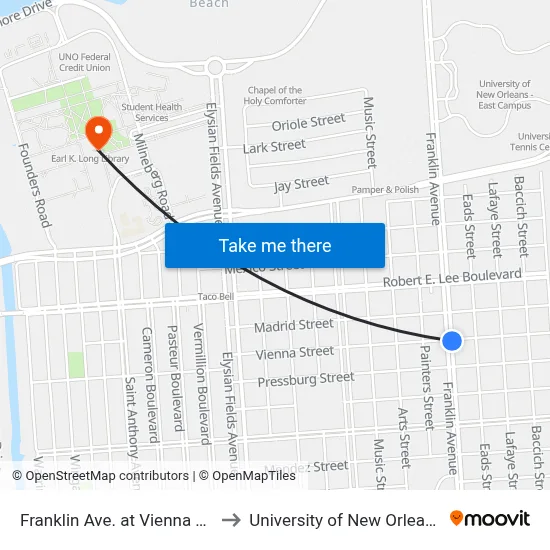Franklin Ave. at Vienna St. to University of New Orleans map