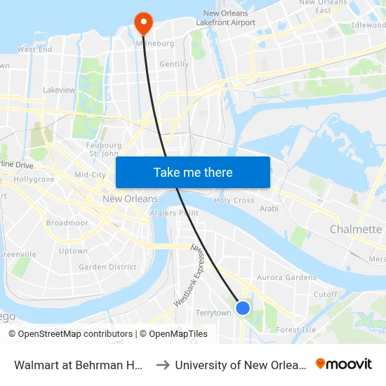 Walmart at Behrman Hwy. to University of New Orleans map