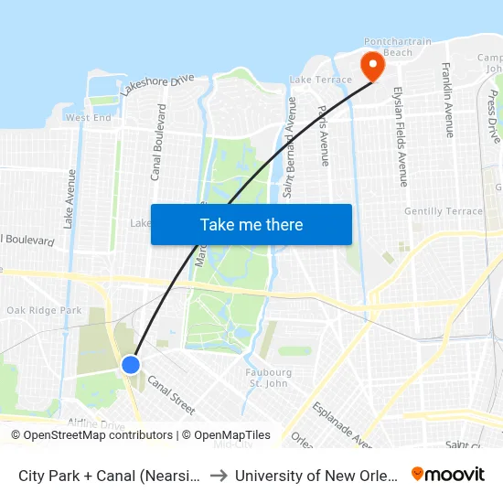 City Park + Canal (Nearside) to University of New Orleans map