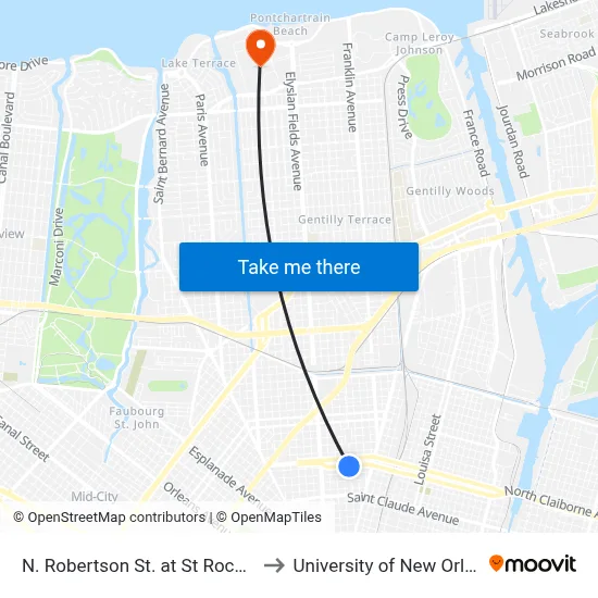 N. Robertson St. at St Roch Ave. to University of New Orleans map