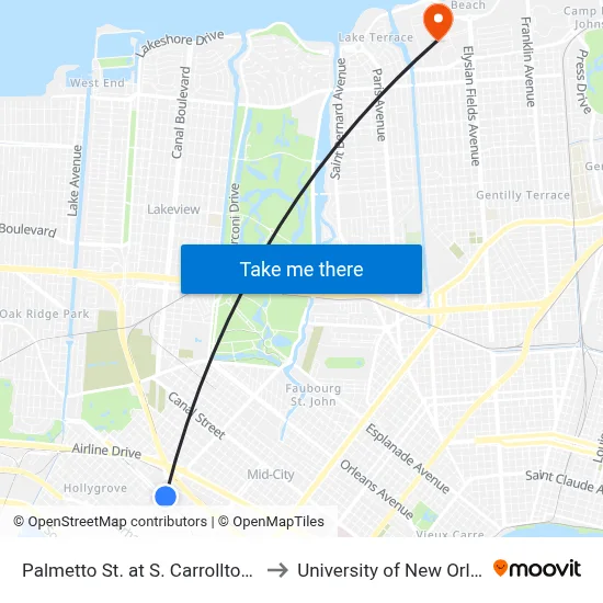 Palmetto St. at S. Carrollton Ave. to University of New Orleans map