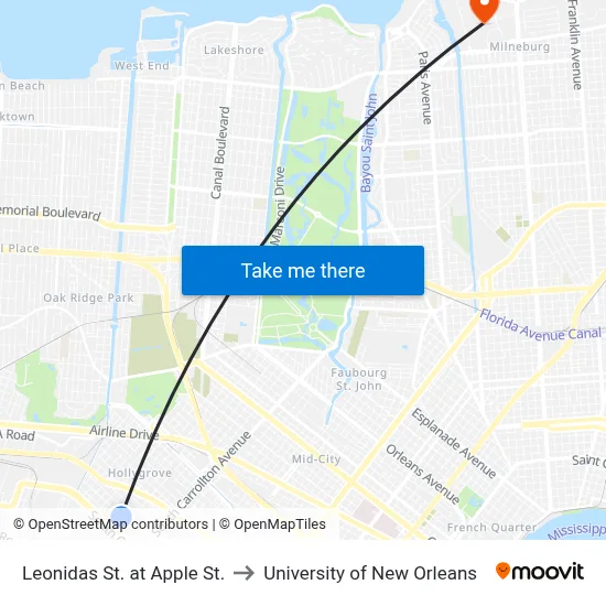 Leonidas St. at Apple St. to University of New Orleans map