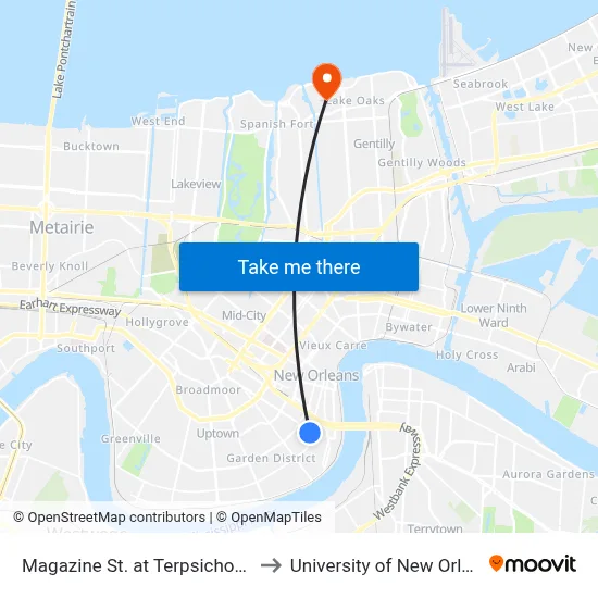 Magazine St. at Terpsichore St. to University of New Orleans map