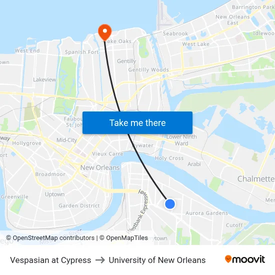 Vespasian at Cypress to University of New Orleans map
