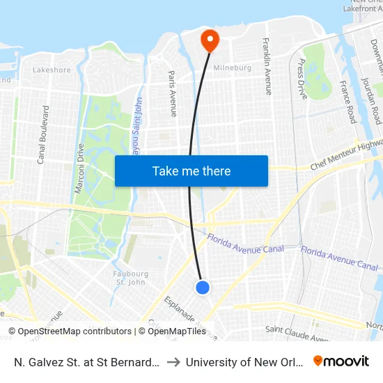 N. Galvez St. at St Bernard Ave. to University of New Orleans map