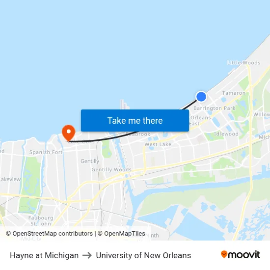 Hayne at Michigan to University of New Orleans map