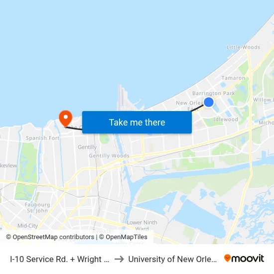 I-10 Service Rd. + Wright Rd. to University of New Orleans map