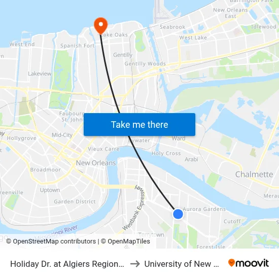 Holiday Dr. at Algiers Regional Library to University of New Orleans map