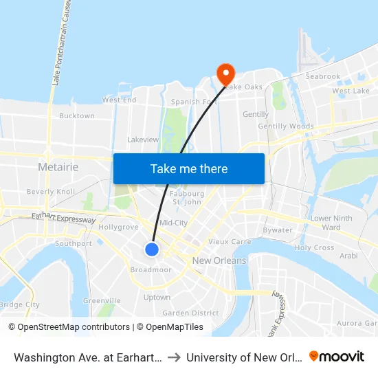 Washington Ave. at Earhart Blvd. to University of New Orleans map