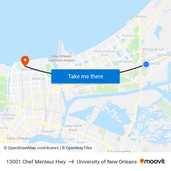13001 Chef Menteur Hwy to University of New Orleans map