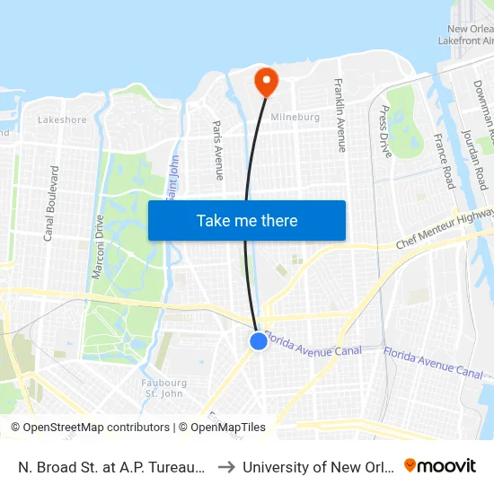 N. Broad St. at A.P. Tureaud Ave. to University of New Orleans map