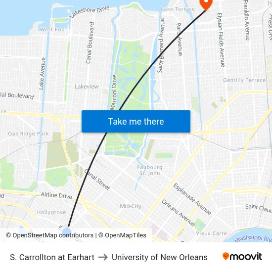 S. Carrollton at Earhart to University of New Orleans map