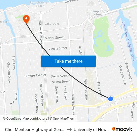 Chef Menteur Highway at Gentilly Walmart to University of New Orleans map