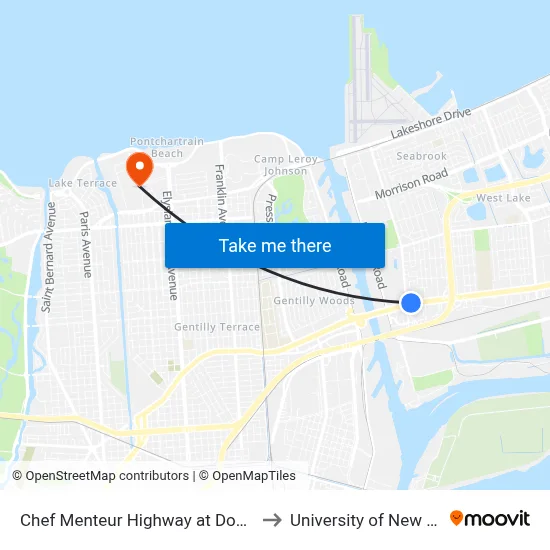 Chef Menteur Highway at Downman Rd. to University of New Orleans map