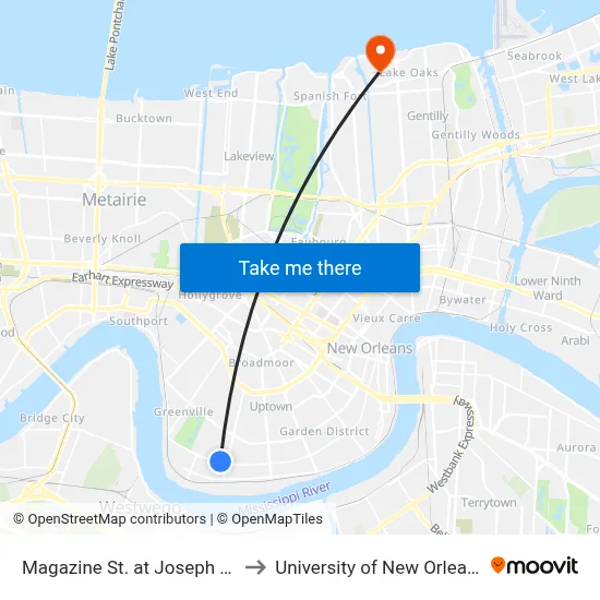 Magazine St. at Joseph St. to University of New Orleans map