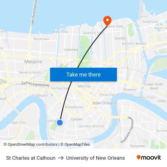 St Charles at Calhoun to University of New Orleans map