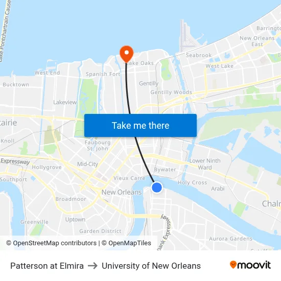 Patterson at Elmira to University of New Orleans map