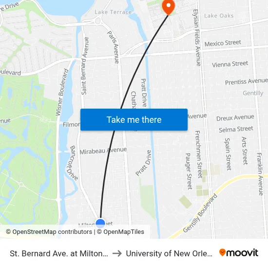 St. Bernard Ave. at Milton St. to University of New Orleans map