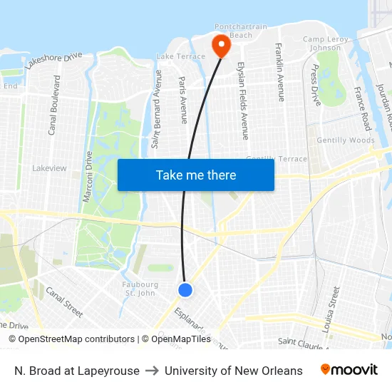 N. Broad at Lapeyrouse to University of New Orleans map