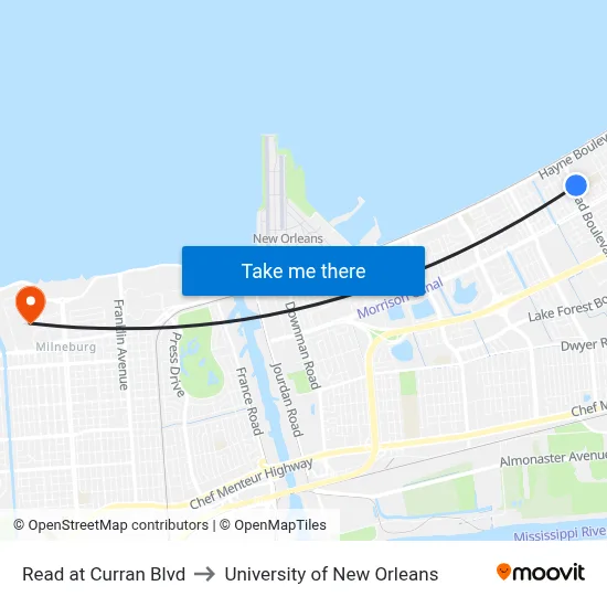 Read at Curran Blvd to University of New Orleans map