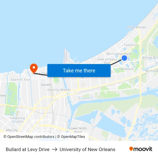 Bullard at Levy Drive to University of New Orleans map
