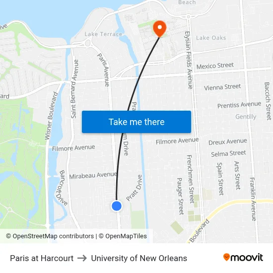 Paris at Harcourt to University of New Orleans map
