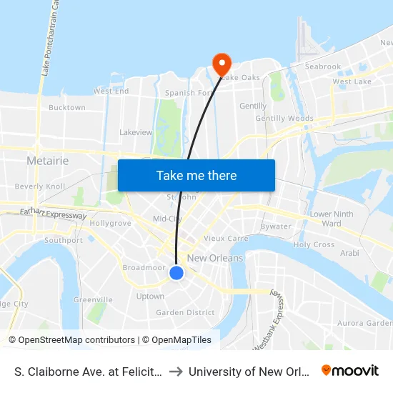 S. Claiborne Ave. at Felicity St. to University of New Orleans map