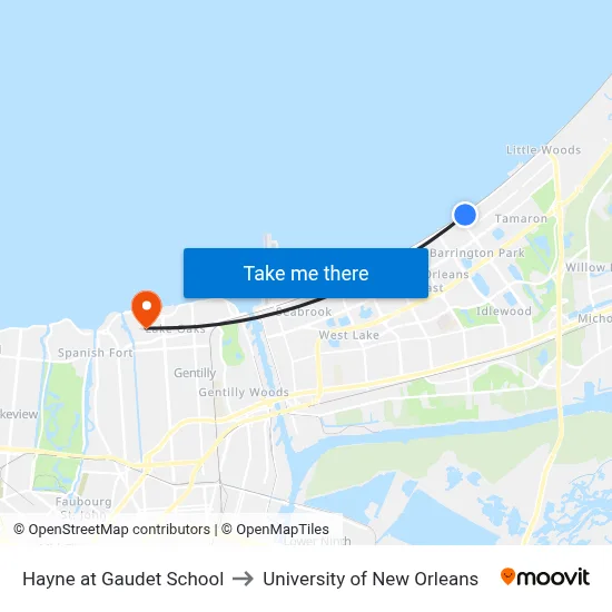 Hayne at Gaudet School to University of New Orleans map