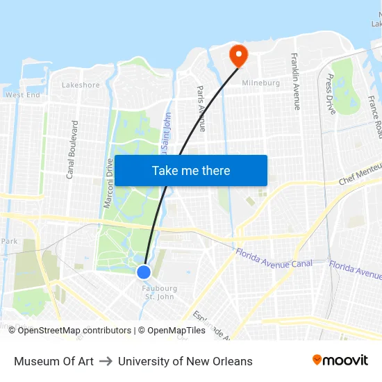 Museum Of Art to University of New Orleans map