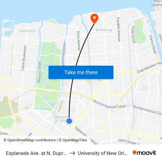 Esplanade Ave. at N. Dupre St. to University of New Orleans map
