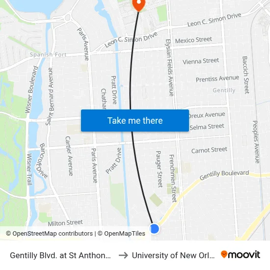 Gentilly Blvd. at St Anthony Ave. to University of New Orleans map