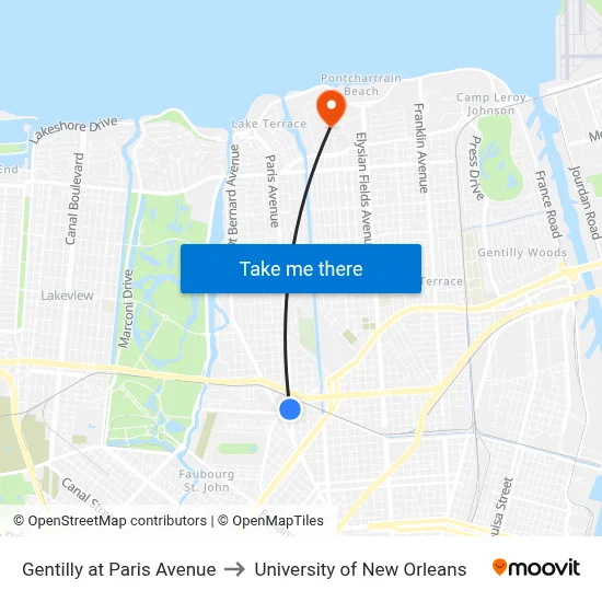 Gentilly at Paris Avenue to University of New Orleans map