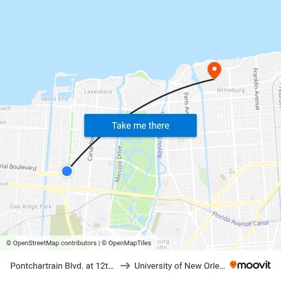 Pontchartrain Blvd. at 12th St. to University of New Orleans map