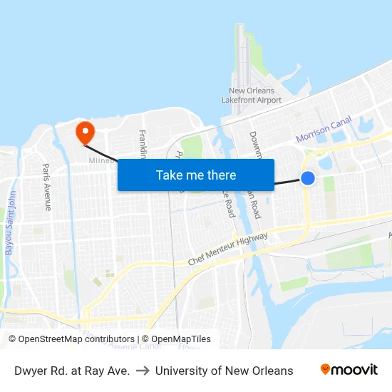 Dwyer Rd. at Ray Ave. to University of New Orleans map