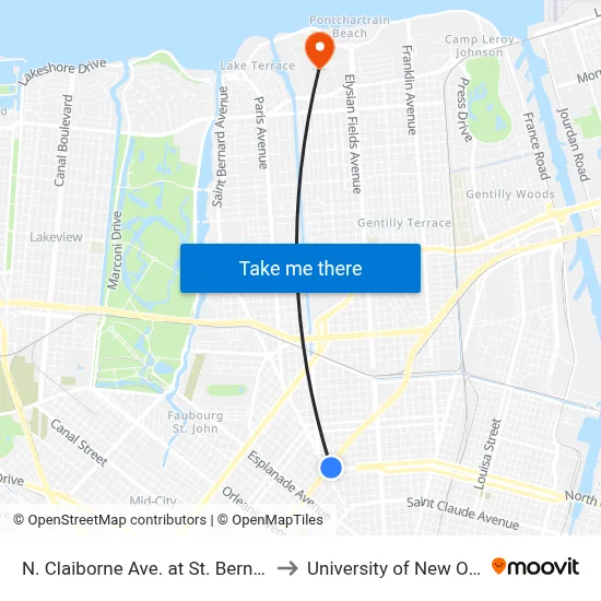 N. Claiborne Ave. at St. Bernard Ave. to University of New Orleans map