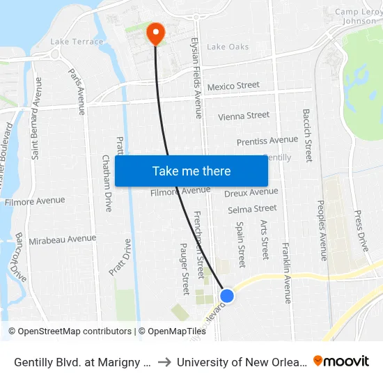 Gentilly Blvd. at Marigny St. to University of New Orleans map