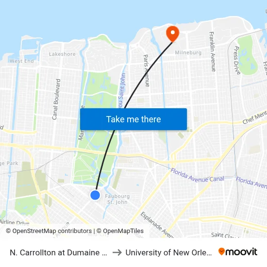 N. Carrollton at Dumaine (In) to University of New Orleans map