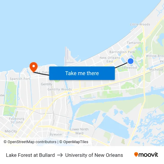 Lake Forest at Bullard to University of New Orleans map