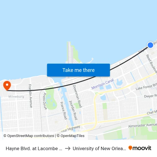 Hayne Blvd. at Lacombe St. to University of New Orleans map