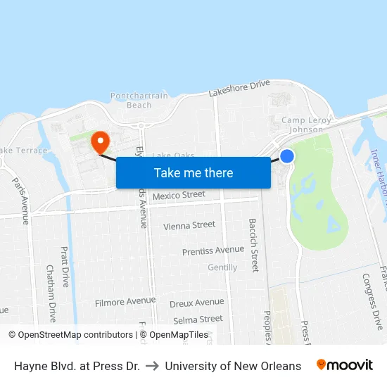 Hayne Blvd. at Press Dr. to University of New Orleans map
