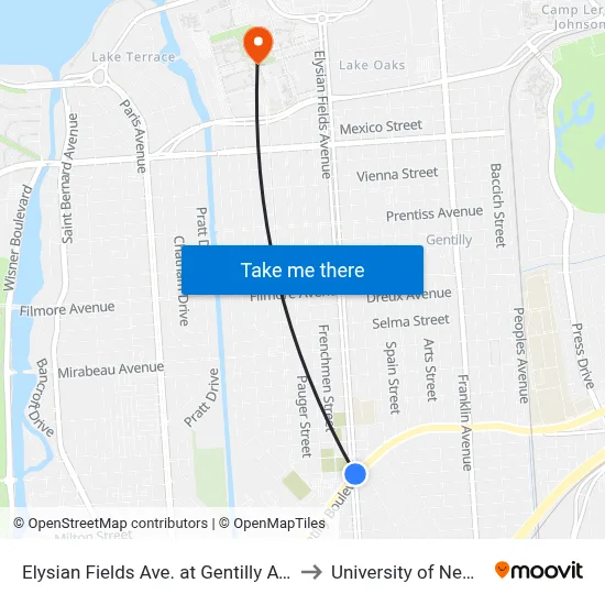 Elysian Fields Ave. at Gentilly Ave. (Nearside) to University of New Orleans map