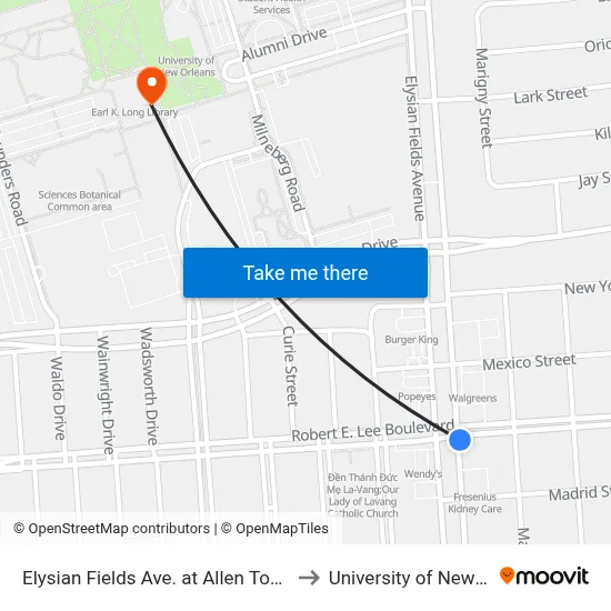 Elysian Fields Ave. at Allen Toussaint Blvd. to University of New Orleans map