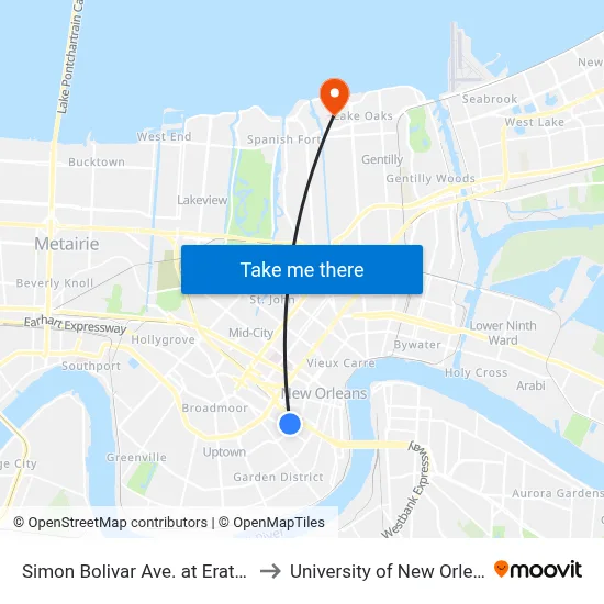 Simon Bolivar Ave. at Erato St. to University of New Orleans map