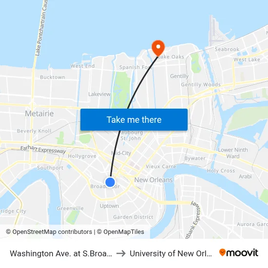 Washington Ave. at S.Broad St. to University of New Orleans map