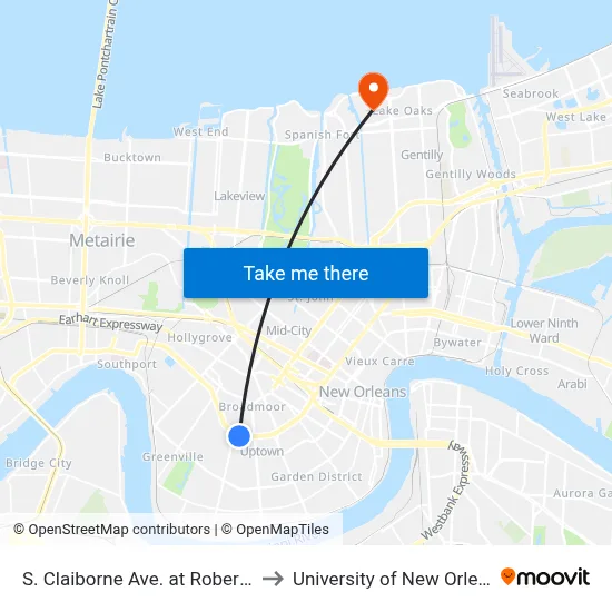 S. Claiborne Ave. at Robert St. to University of New Orleans map