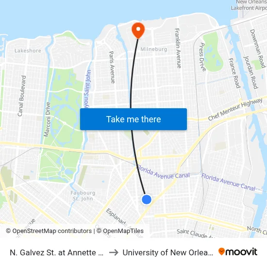N. Galvez St. at Annette St. to University of New Orleans map