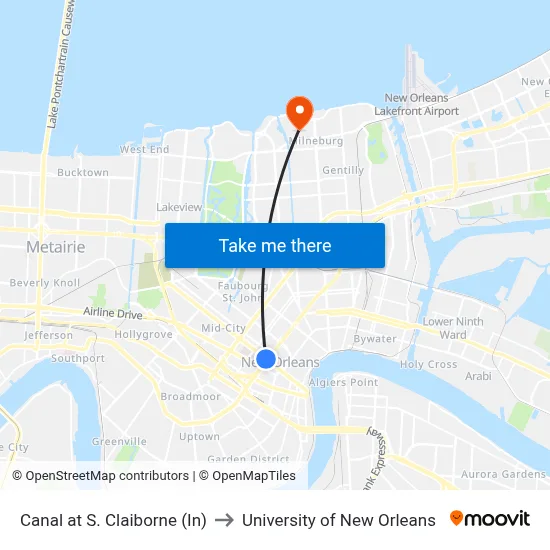 Canal at S. Claiborne (In) to University of New Orleans map