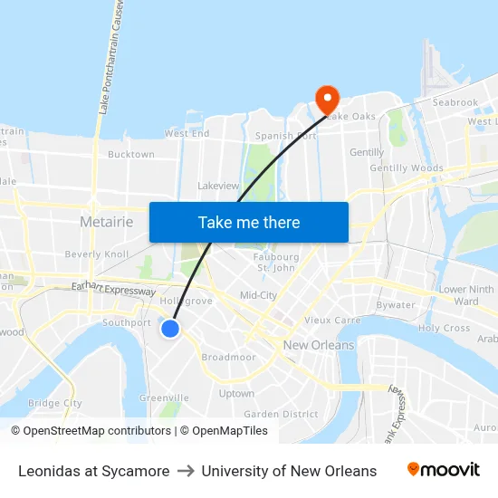 Leonidas at Sycamore to University of New Orleans map