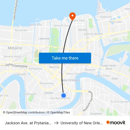 Jackson Ave. at Prytania St. to University of New Orleans map