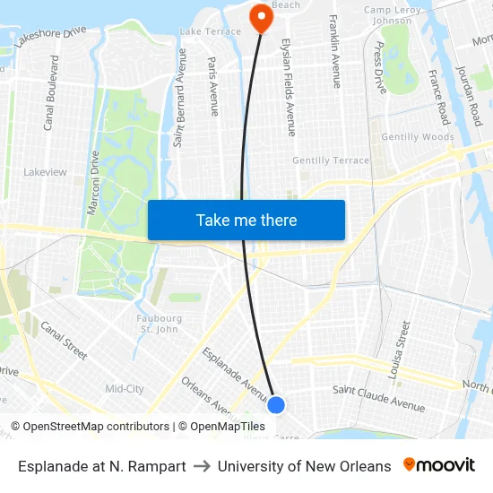 Esplanade at N. Rampart to University of New Orleans map